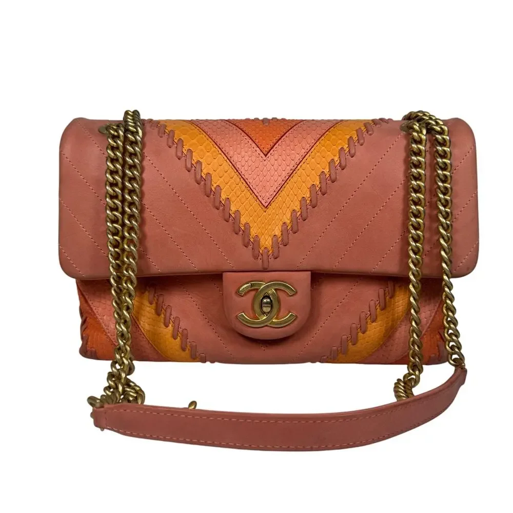 Chanel Patchwork Flap Bag Pink CC Snakeskin Paris-Cuba Medium Iridescent Chevron - Picture 16 of 16